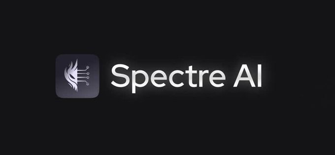 The image displays the "Spectre AI" logo, featuring a stylized wing icon in a dark rounded square alongside the company name in white text on a black background, visually branding the AI-powered market intelligence platform mentioned in the post.