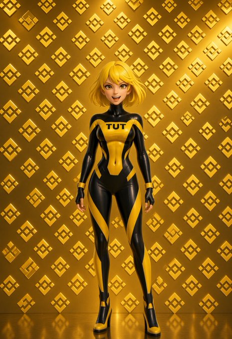 A blonde woman in a sleek black and yellow bodysuit emblazoned with "TUT" stands confidently against a backdrop patterned with the Binance logo, visually bringing to life the post's vision of a future where the exchange's branding is ubiquitous.