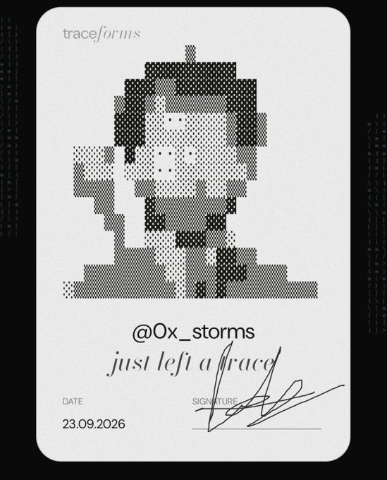 A digital trading card titled 'traceforms' features a halftone-style pixelated portrait with the text '@Ox_storms just left a trace', dated 23.09.2026, with a signature at the bottom.