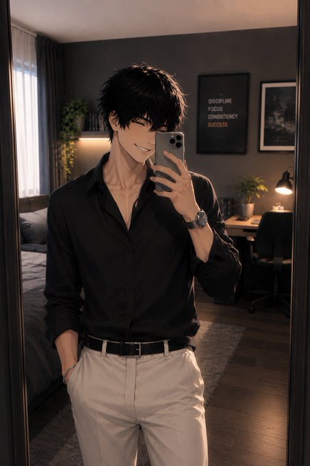 A stylish young man with dark hair takes a mirror selfie in his bedroom, wearing a sleek black button-down shirt and beige trousers, smiling while holding a smartphone. The motivational poster behind him reads "DISCIPLINE FOCUS CONSISTENCY SUCCESS," reflecting the disciplined, positive mindset behind the "Good morning web3, happy day with new vibes" greeting.