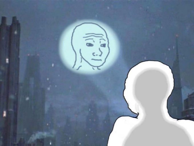 A melancholic wojak-style drawing of a figure looking up at a sad moon with a human face over a dark, futuristic cityscape.