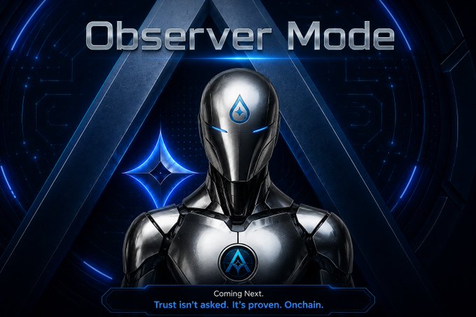 A futuristic silver robot with a glowing blue eye and emblem, set against a dark blue background with the text "Observer Mode" and "Coming Next. Trust isn't asked. It's proven. Onchain."