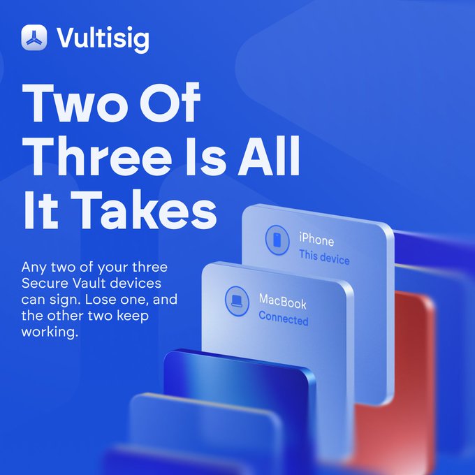 A Vultisig promotional graphic with the headline 'Two Of Three Is All It Takes' explaining that any two of three Secure Vault devices can sign transactions, showing iPhone and MacBook device cards.