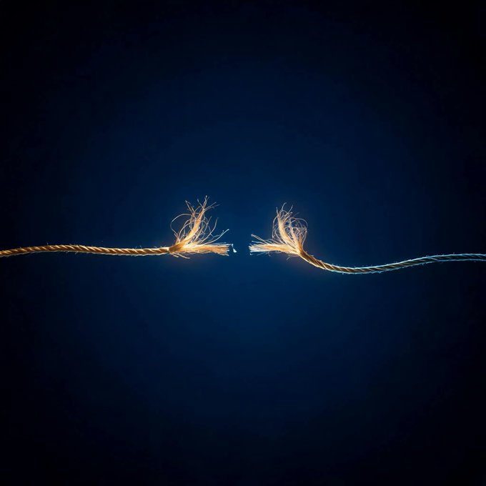 A conceptual photograph showing a frayed, broken rope or wire against a dark blue background, symbolizing disconnection or severance.