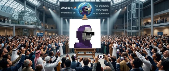 An AI-generated scene depicting a massive crowd gathered in a modern atrium, photographing a pixelated artwork on an easel beneath a banner reading 'argonauts OUR ADMIRATION'.