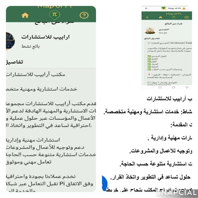 A screenshot showing a Map of Pi app listing for 'Arabiip for Investments' with Arabic text describing investment consulting services and an AI-Monster Trade feature.