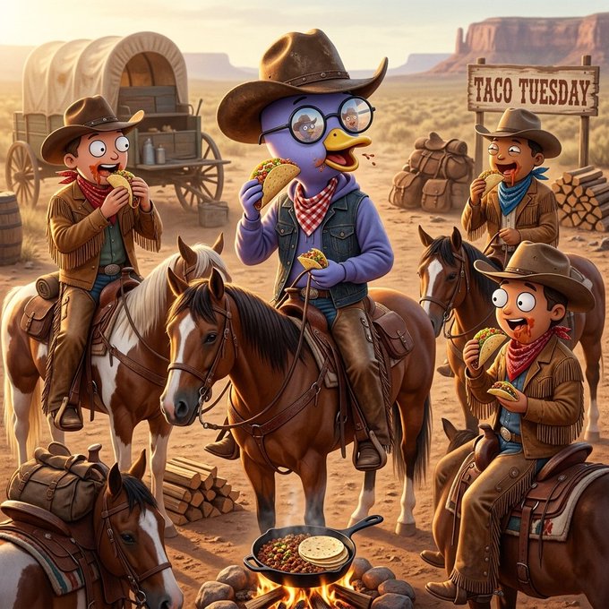 A whimsical cartoon illustration shows anthropomorphic characters including a purple duck-like figure wearing a cowboy hat and glasses, riding horses in a desert landscape while eating tacos, with a 'TACO TUESDAY' sign and a covered wagon in the background.
