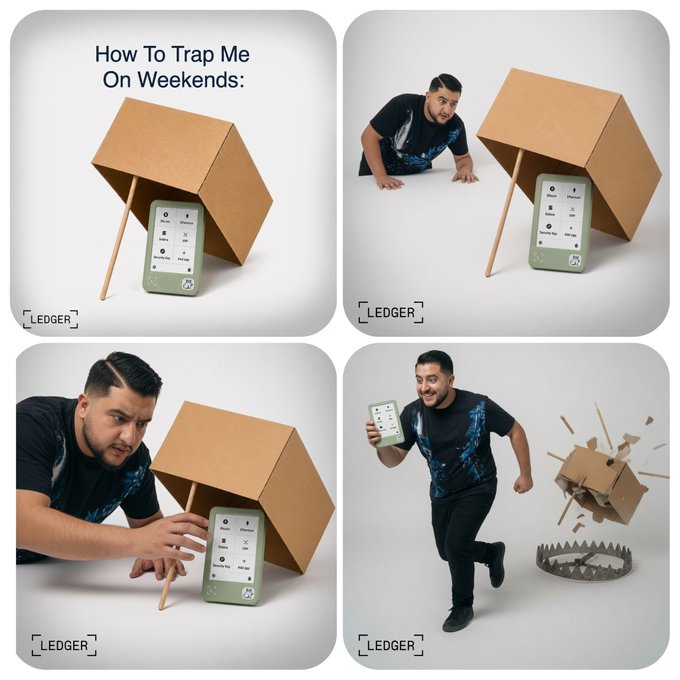A four-panel Ledger crypto hardware wallet advertisement titled 'How To Trap Me On Weekends' showing a man hunting a wallet prop, which he eventually escapes with in the final panel featuring a bear trap.
