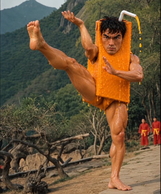 An AI-generated image of a muscular man performing a martial arts kick, humorously dressed in an orange juice carton costume with a straw on his head, set against a mountainous landscape.