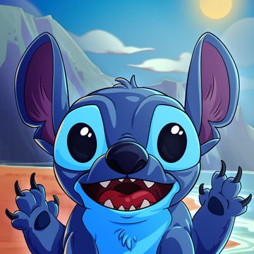 A cartoon illustration of a cute blue Stitch-like character with large ears, big eyes, and a happy expression, raising its clawed hands against a backdrop of mountains and sky.