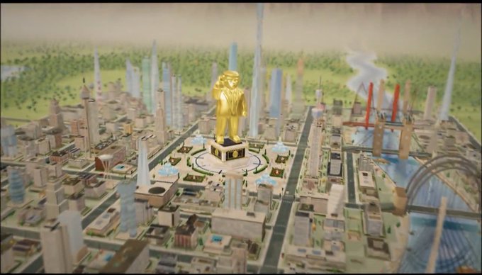 A miniature model of a futuristic city with skyscrapers, a river with bridges, and a central golden statue of a suited figure on a pedestal.