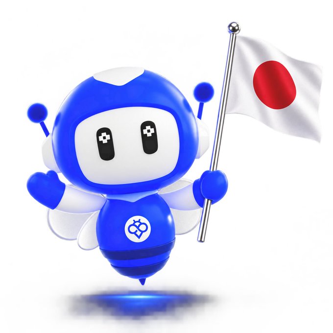 A 3D-rendered blue and white robot mascot with antennae holding a Japanese flag, featuring a stylized '88' logo on its chest.