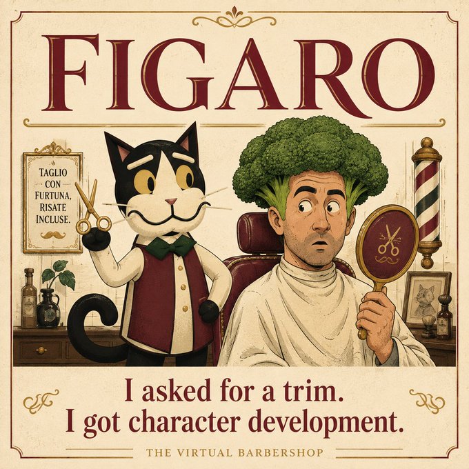 A vintage Figaro magazine-style illustration shows an anthropomorphic black and white cat in a barber vest holding scissors next to a man with broccoli for hair holding a hand mirror, with the caption 'I asked for a trim. I got character development.'
