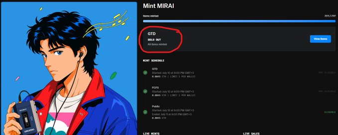 The image shows the "Mint MIRAI" NFT collection where the "GTD" phase is marked as "SOLD OUT" with "All items minted". This directly illustrates the post's point about the collection selling out during the GTD phase.