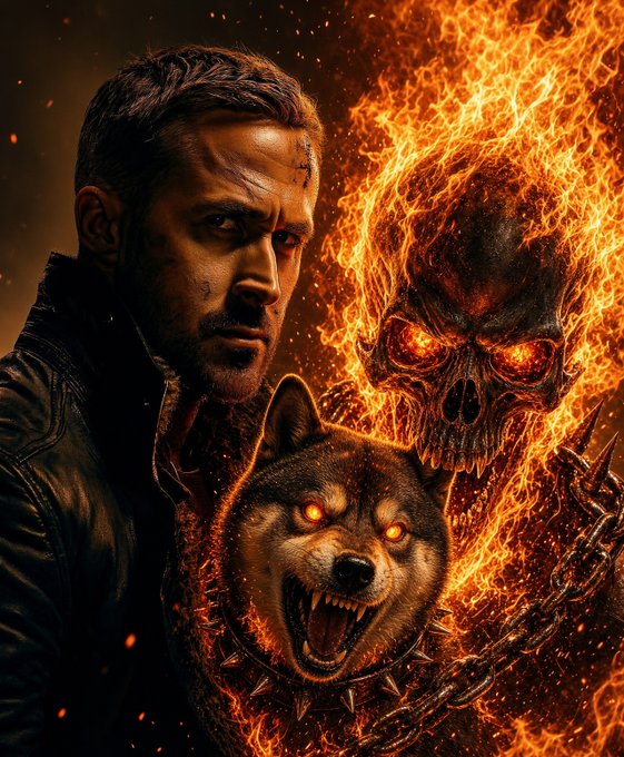 A digital artwork depicting a man next to a flaming skull and a snarling wolf with glowing orange eyes, surrounded by fire and chains.