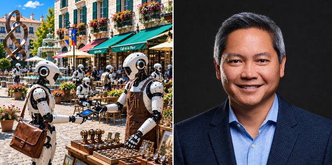 A side-by-side image showing humanoid robots tending to a market stall in a European-style plaza on the left, and a professional headshot of an Asian man in a blue shirt and dark blazer smiling on the right.