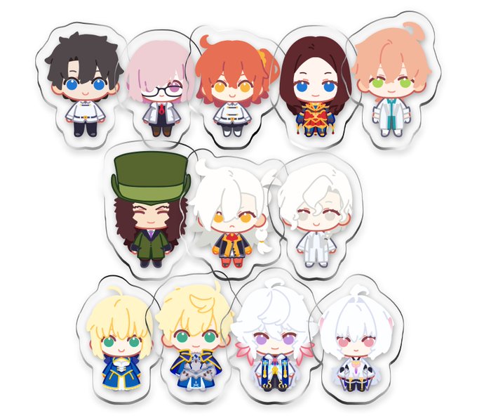 A grid displaying 12 chibi-style acrylic charms/SD (super deformed) tokens featuring various anime-inspired characters with colorful hair and outfits, corresponding to the artist's SD token commission advertisement offering free commissions through retweet giveaways.