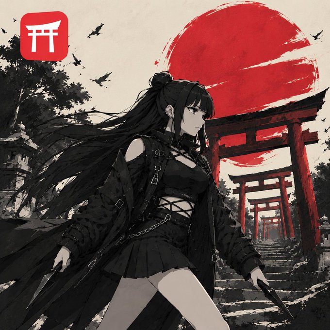 An anime-style illustration depicts a dark-haired female character in black gothic attire holding weapons, set against a large red sun and torii gates.