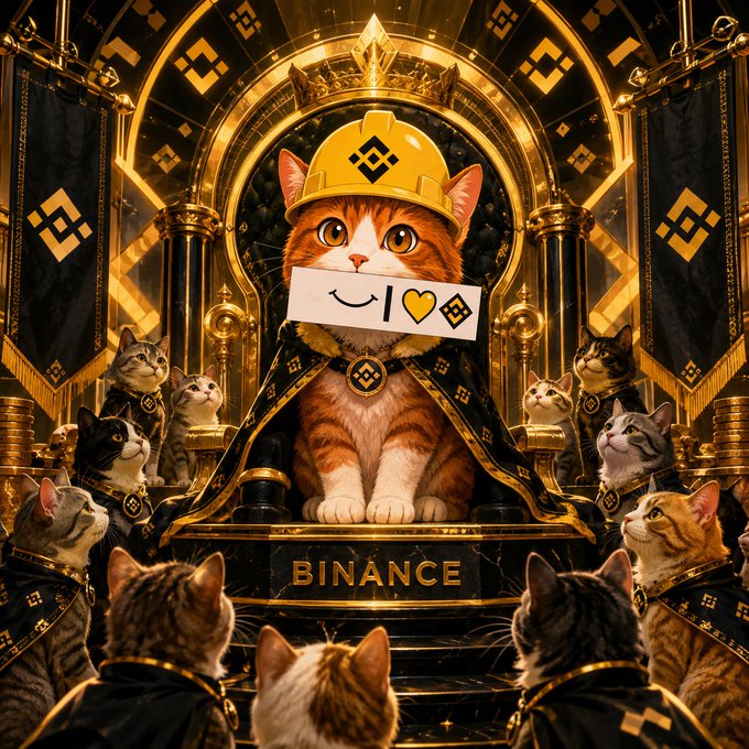 An ornate digital illustration featuring a central orange tabby cat wearing a yellow Binance-themed hard hat and holding a sign that reads 'I love [Binance logo]', surrounded by a council of other cats in a golden throne room.