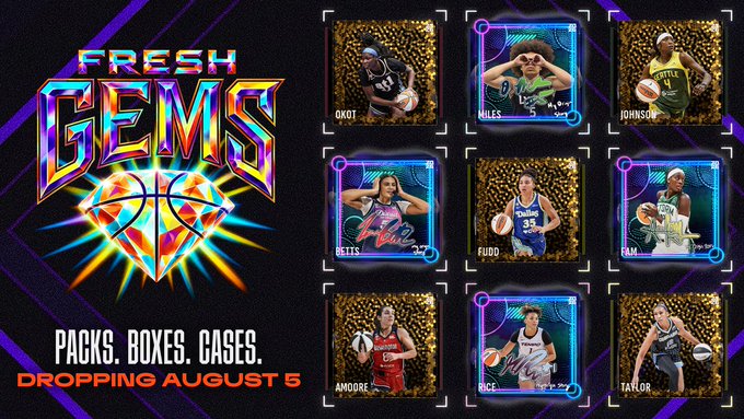 Promotional image for the "Fresh Gems" NBA Top Shot drop, featuring a 3x3 grid of rookie player cards (Okogie, Miles, Johnson, Ionescu, Fudd, Iam., Amoore, Iycee, Taylor) against a leopard print background with the text "PACKS. BOXES. CASES. DROPPING AUGUST 5." The image showcases the rookie autographed cards that will be available in this limited August 5th release of the rare Fresh Gems set.