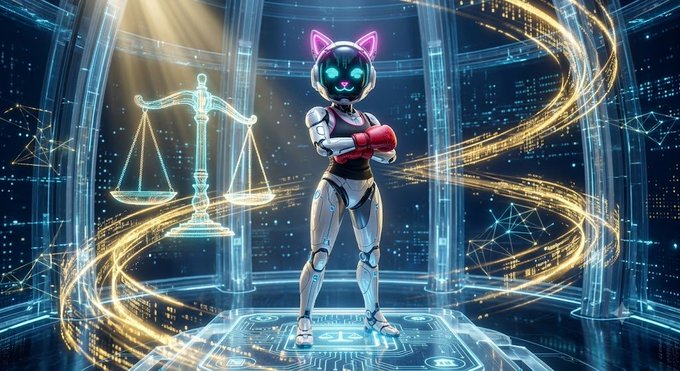 A robotic judge with cat ears and boxing gloves stands confidently beside a glowing scale of justice, set against a futuristic digital backdrop of swirling data streams and code patterns. The image visually reinforces the post's message about GenLayer's "Internet Court," symbolizing an AI-powered, decentralized system ready to tackle disputes that rigid smart contracts cannot.