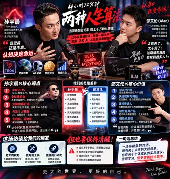 A promotional poster for a Chinese podcast episode titled "两种人生算法" (Two Kinds of Life Algorithms) featuring Sun Yichen (孙宇晨) and Adam (亚当), dated "4小财22分钟," with text about changing thinking and core values.