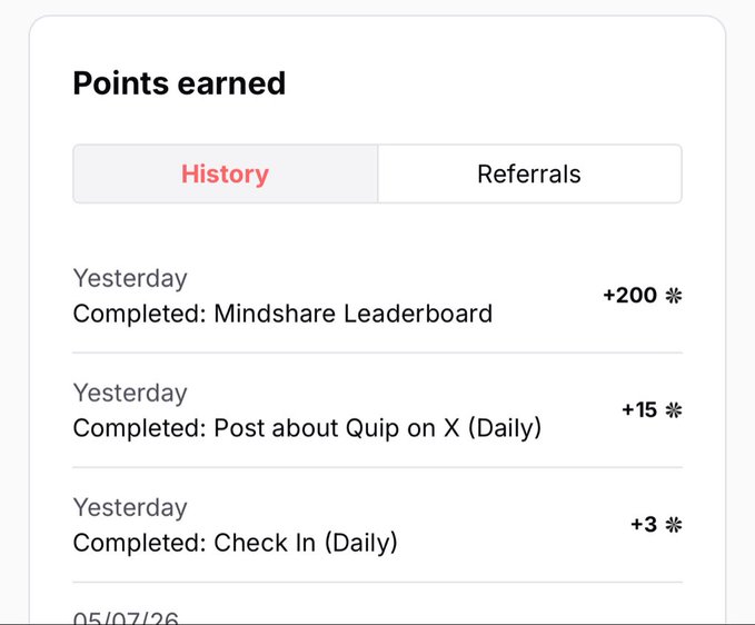 A 'Points earned' history screen showing yesterday's rewards: +200 for Mindshare Leaderboard, +15 for Post about Quip on X (Daily), and +3 for Check In (Daily).