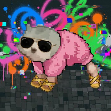 A pixelated white cat wearing sunglasses, a pink outfit, and yellow shoes poses against a vibrant, graffiti-covered background, serving as a final teaser ahead of the "Low Quality Cats" NFT reveal scheduled for August 28th at 12PM EDT, with the caption "LQMEOW."