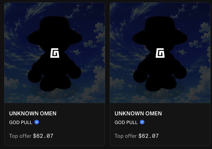 Two side-by-side digital collectible listings for an 'UNKNOWN OMEN' item, labeled 'GOD PULL' with a verified checkmark and a top offer of $62.07.