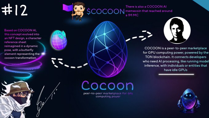 The image features a poster or infographic about Cocoon, an AI technology company that creates intelligent agents for various industries such as finance, healthcare, and more. The poster includes a cartoon egg with a face and text, which might be related to the concept of Cocoon AI. The poster also has a caption below it, stating "Day 12 exploring the @ton_blockchain ecosystem". This suggests that the image is part of an ongoing series or discussion about Cocoon and its future developments in the context of blockchain technology.