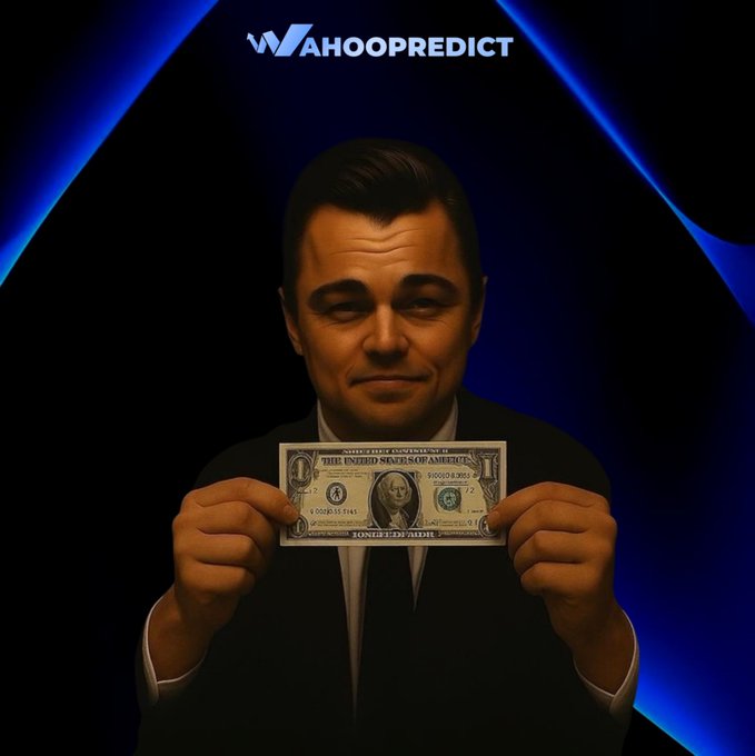 A parody image featuring Leonardo DiCaprio's character from "The Wolf of Wall Street" holding a dollar bill, with the "WAHOOPREDICT" logo displayed at the top against a dark blue background.