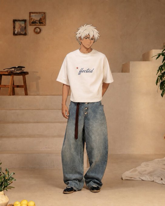 An anime-style character with white hair stands on indoor steps wearing an oversized white t-shirt with blue text, baggy jeans, and a long red tie.