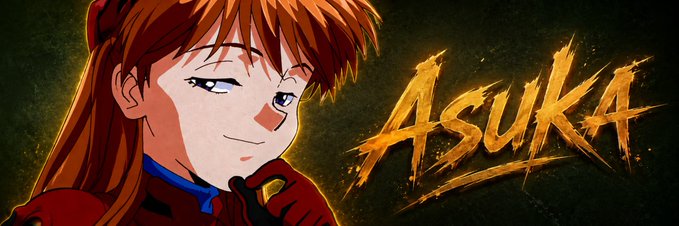 An anime-style illustration features a red-haired character smiling confidently next to the stylized golden text "ASUKA" against a dark green background.