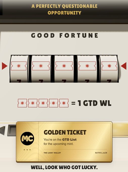 A slot machine-themed promotional graphic titled 'GOOD FORTUNE' with the header 'A PERFECTLY QUESTIONABLE OPPORTUNITY', showing slot symbols equaling '1 GTD WL' and a Golden Ticket for wallet '0xf443...ea28' with the tagline 'WELL, LOOK WHO GOT LUCKY.'