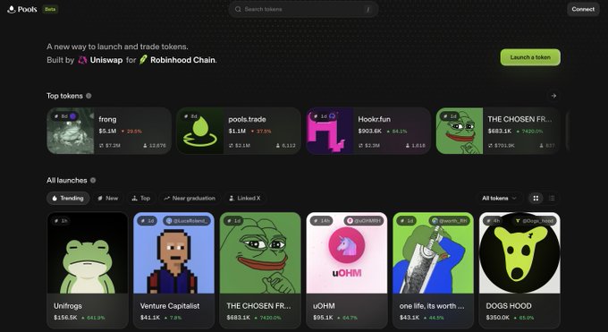 The image displays the Pools (Beta) homepage—a new way to launch and trade tokens built by Uniswap for Robinhood Chain—showing trending tokens and recent launches, with "Venture Capitalist" ($VC) featured among the all launches trending at $41.1K with a 4% gain, matching the post's excitement about $VC appearing on TradePools.