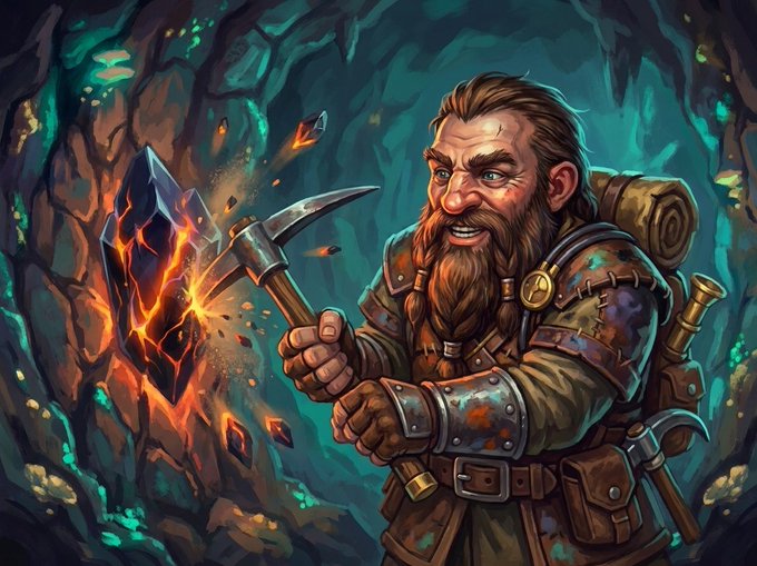 The image features a bearded man with a beard wearing a backpack, holding a large hammer over his shoulder as he stands next to a rock formation. The background of the image shows a cave-like setting with rocks and trees, creating an atmosphere reminiscent of a fantasy game or adventure. The caption for this image reads: "Something new is coming to Veilborn. Introducing Shard Mining - a brand new way to earn Shards passively, no battle required. Mine over time, then forge your champions."