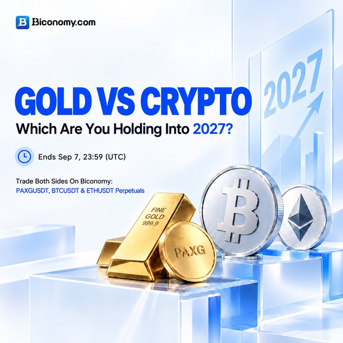 A Biconomy.com promotional banner asking 'GOLD VS CRYPTO - Which Are You Holding Into 2027?' featuring PAXG gold and BTC/ETH coins, with the contest ending Sep 7, 23:59 UTC.