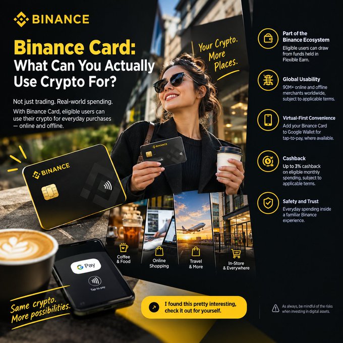 A Binance promotional graphic showcases a smiling woman holding the black and gold Binance Card alongside her phone and coffee, with the headline "Binance Card: What Can You Actually Use Crypto For?" highlighting real-world spending at coffee shops, online shopping, and travel, supported by five key features including up to 3% cashback, 90M+ global usability, and Virtual-First Convenience with Google Wallet integration.