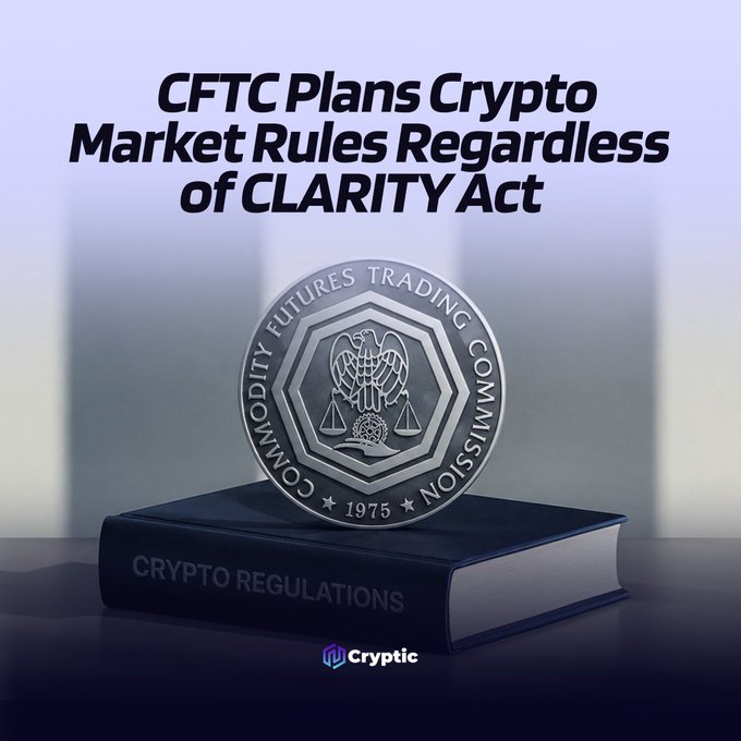 The image features a stylized CFTC (Commodity Futures Trading Commission) emblem displayed on top of a book labeled "CRYPTO REGULATIONS," with the headline "CFTC Plans Crypto Market Rules Regardless of CLARITY Act," visually reinforcing the message that the agency is moving forward with crypto oversight using pre-prepared proposals regardless of legislative outcomes.