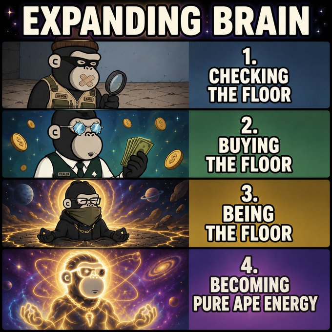 The image features a cartoon depiction of three monkeys, each representing a different stage of expanding their brain power. One monkey is sitting cross-legged with its eyes closed, symbolizing relaxation or meditation. The third monkey is holding money, signifying the process of buying knowledge and experiences to expand one's mind. The fourth monkey is standing on its hind legs, possibly in an act of learning or gaining new skills. These monkeys are part of a series that explains how to become more intelligent by following these steps: 1) Relaxation/meditation 2) Buying knowledge 3) Learning 4) Gaining new skills 5) Becoming pure energy.