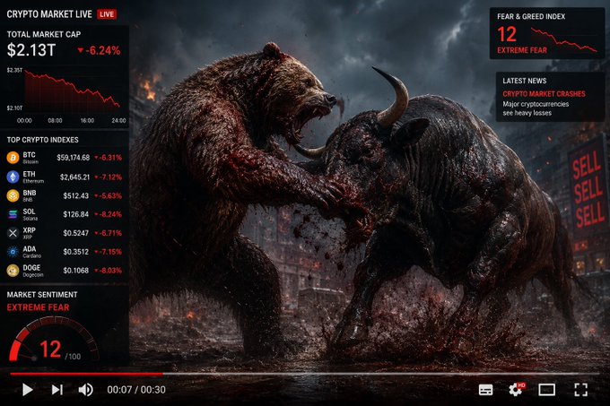 The image shows a close-up of two bears fighting each other, with one bear appearing to be bloodied from the battle. The scene takes place against a dark background, which emphasizes the intensity of the fight between the bears. In the top left corner of the screen, there is a red banner that reads "We're going back to zero". This phrase suggests that the bears are fighting for their lives and might have been in a previous conflict or disagreement. The image also includes text about Bitcoin and market sentiment, which could be related to the bears' fight or the broader economic context of the scene.