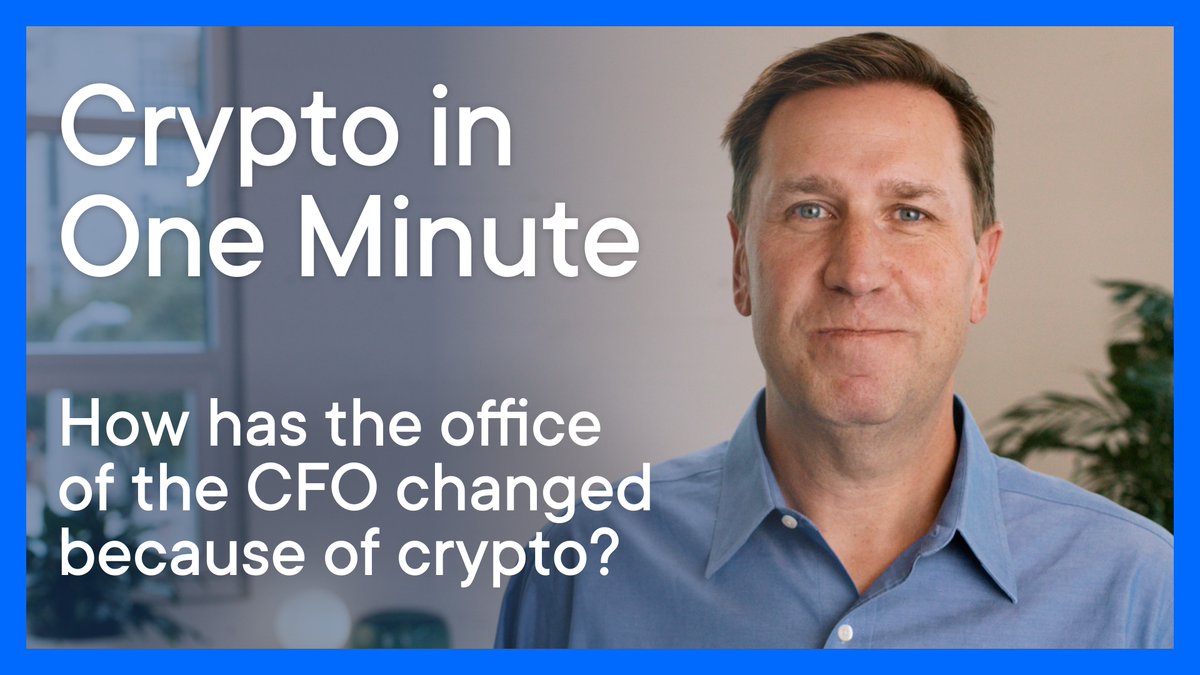A man in a blue shirt next to text reading 'Crypto in One Minute' and 'How has the office of the CFO changed because of crypto?'