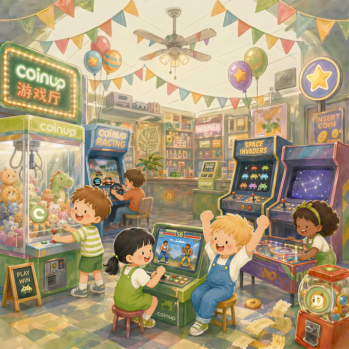 The image depicts a lively arcade filled with children playing video games, including a pinball machine. The room has colorful decorations hanging from the ceiling, creating an exciting atmosphere for the kids. There are at least six children visible in the scene, each engaged in their own game or enjoying the company of others. A teddy bear can be seen among them as well.

The post includes text that reads "CoinUp游戏厅营业通知 儿童节特别企划开启 书单笑页" and "童年限时返场 请各位玩家立即假假藏了". The post also mentions the importance of taking breaks, as indicated by the phrase "5 个代币 Logo 前三位全部找出来的“小朋友”即可解锁 CoinUp 中国人类型".