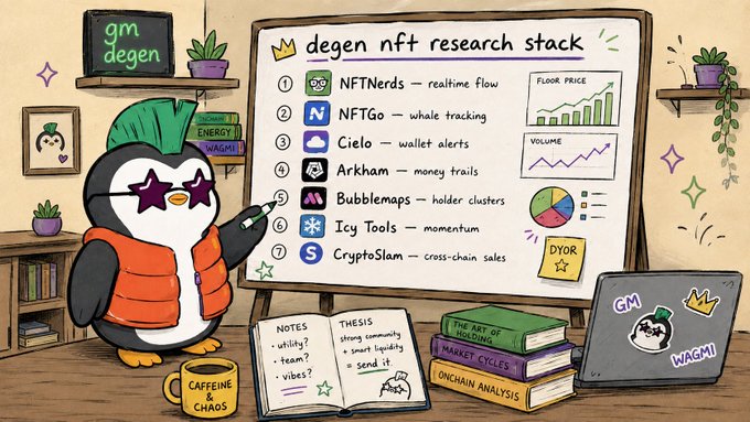 The image shows a cartoon penguin in an orange vest standing next to a whiteboard titled "degen nft research stack," which lists seven tools in order: NFTNerds (realtime flow), NFTgo (whale tracking), Cielo (wallet alerts), Arkham (money trails), Bubblemaps (holder clusters), Icy Tools (momentum), and CryptoSlam (cross-chain sales). Surrounding elements like books on "Market Cycles" and "Onchain Analysis," a "Caffeine & Chaos" mug, and floor price/volume charts visually reinforce the post's message about using a comprehensive, money-tracking research approach instead of just checking the floor price.