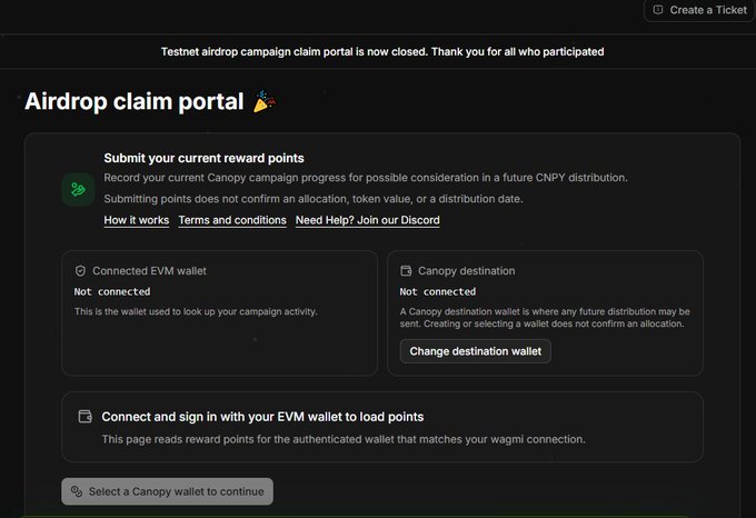 The Canopy Airdrop Claim Portal, now closed, where users can submit current reward points and connect an EVM wallet and Canopy destination to record campaign progress for a future CNPY distribution.