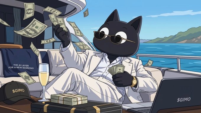 An illustrated black cat wearing sunglasses and a white suit lounges on a boat with money flying around; visible text includes 'SGIMO' on a hat and laptop, and 'THE AI LAYER FOR A NEW ECONOMY' on a pillow.