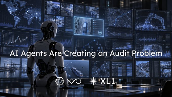 Futuristic scene of a humanoid robot viewing multiple screens displaying maps, charts, and data visualizations, with overlay text "AI Agents Are Creating an Audit Problem" and logos for XXO and XL1.