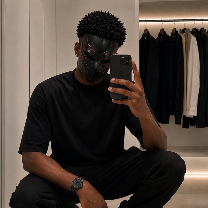 A person taking a mirror selfie while wearing a black and red mask, black t-shirt, watch, with a closet of dark clothing visible in the background.