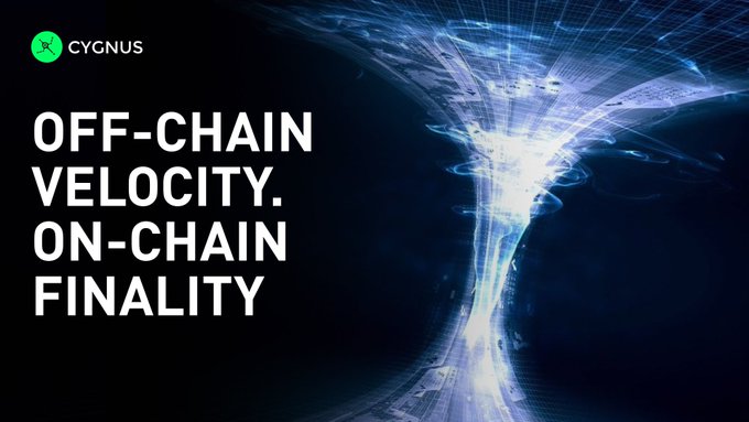 A dark, futuristic graphic featuring a glowing blue digital tornado or vortex against a black background, with the Cygnus logo in the top left and the bold white tagline "OFF-CHAIN VELOCITY. ON-CHAIN FINALITY" on the left side.

The swirling vortex visualizes the high-throughput, fast-moving nature of off-chain execution, while the tagline reinforces the post's message: Cygnus processes speed and volume off-chain to avoid the blockspace congestion of Layer 1 networks, yet still delivers the security and trustless settlement guarantees of on-chain finality.