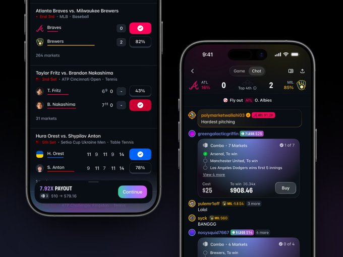 Two iPhone screens display a sports betting app interface showing live odds for MLB (Atlanta Braves vs. Milwaukee Brewers), ATP Tennis (Taylor Fritz vs. Brandon Nakashima), and Table Tennis (Hura Orest vs. Shypilov Anton), with parlay betting options and a chat feature.